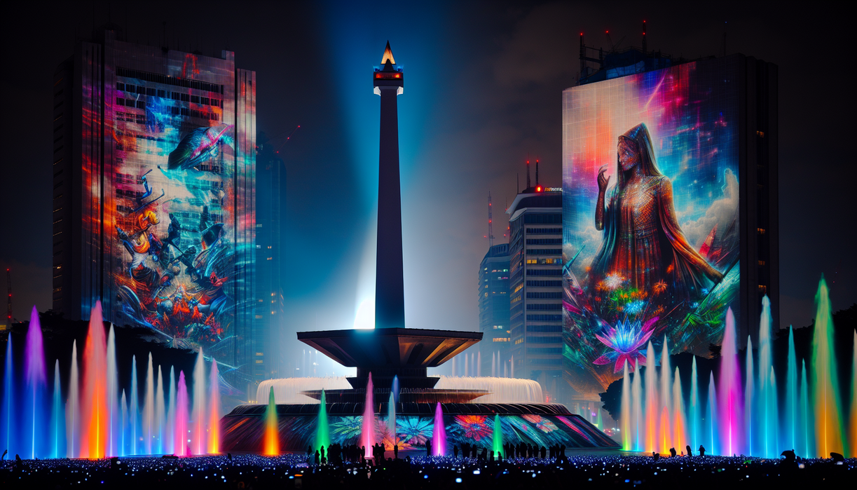 alt_text: Monas memukau malam hari dengan video mapping dan air mancur berwarna-warni.