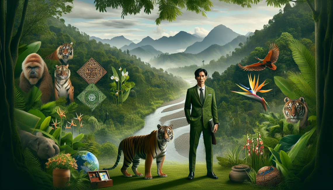 alt_text: "Orang di Jambi mengenakan busana fashion baru dengan gaya hidup hijau di dekat pohon."