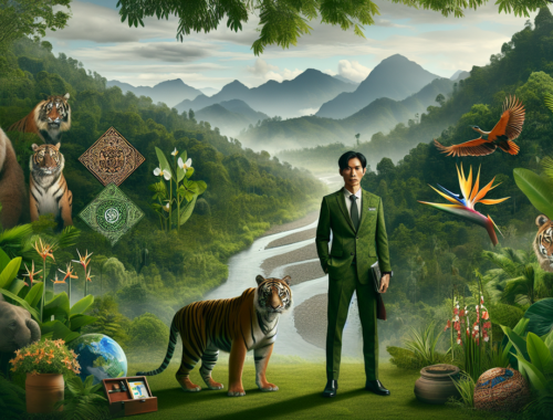 alt_text: "Orang di Jambi mengenakan busana fashion baru dengan gaya hidup hijau di dekat pohon."