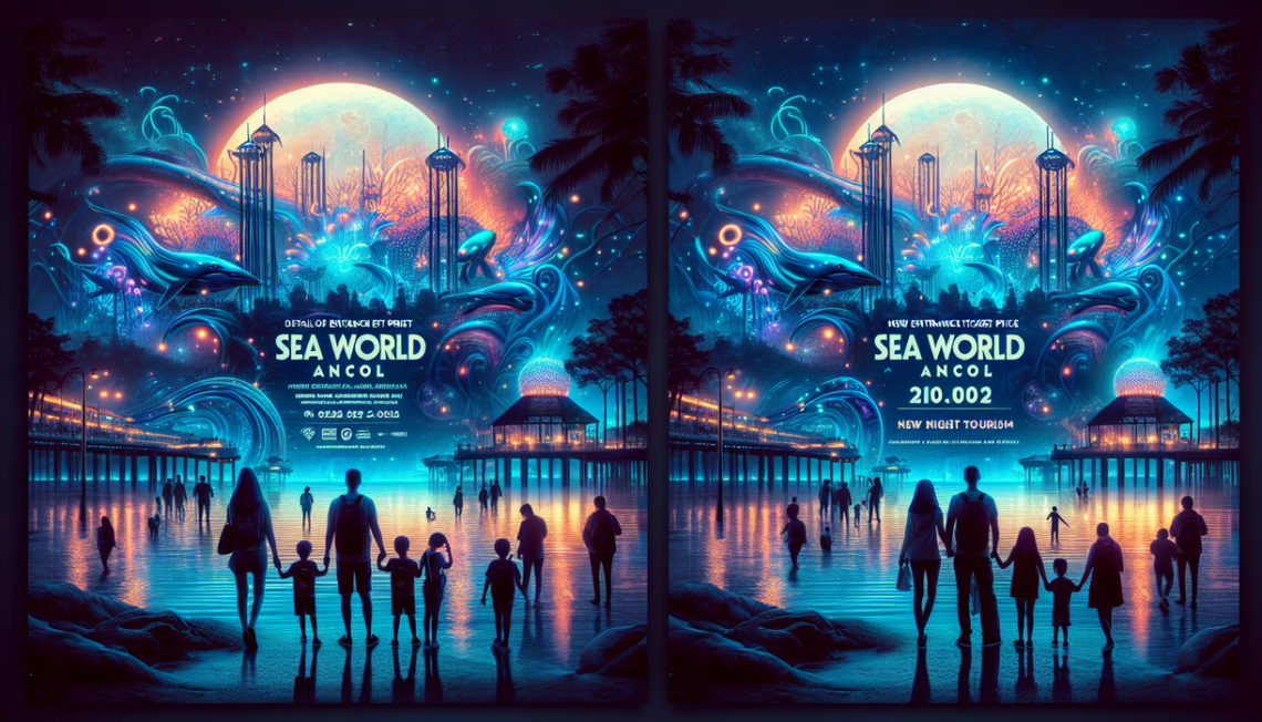 alt_text: Pemandangan malam bercahaya di Sea World Ancol, dengan efek cahaya yang memukau.