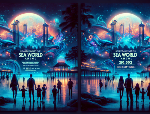 alt_text: Pemandangan malam bercahaya di Sea World Ancol, dengan efek cahaya yang memukau.