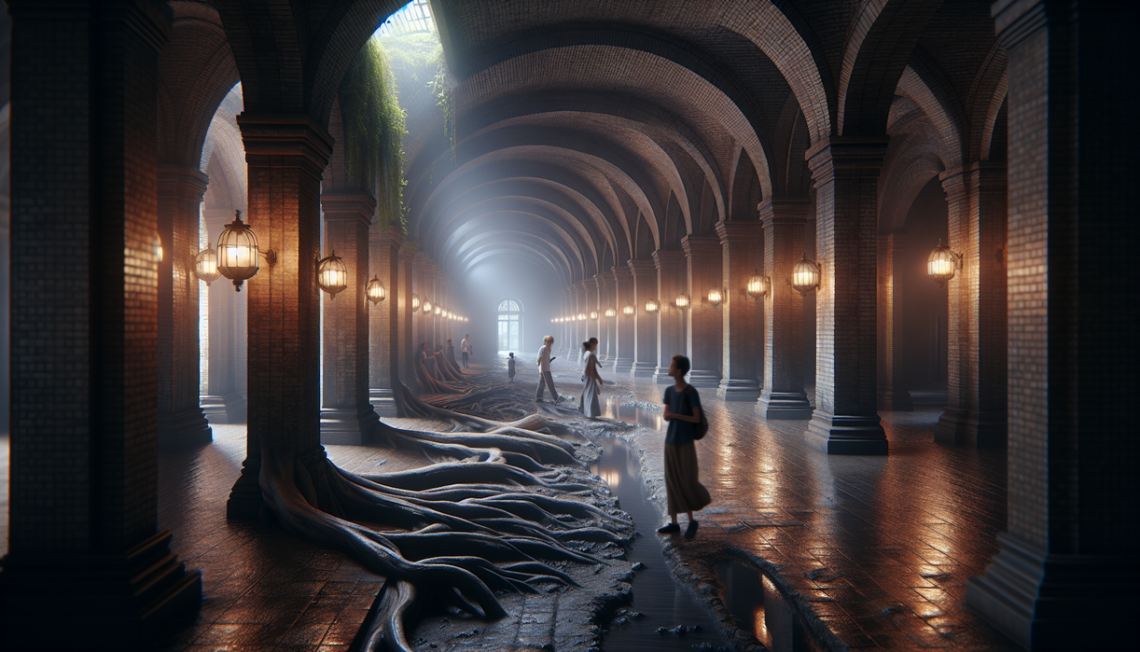 alt_text: Lawang Sewu di latar belakang, bus melintas, suasana menegangkan dari kisah mistis kepala terpenggal.