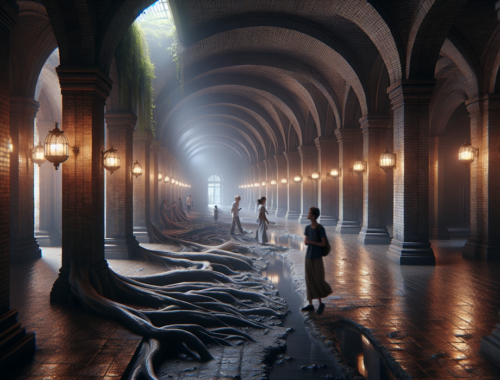 alt_text: Lawang Sewu di latar belakang, bus melintas, suasana menegangkan dari kisah mistis kepala terpenggal.