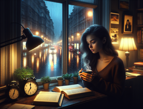 alt_text: Orang membaca koran di tengah arus informasi digital yang melimpah.