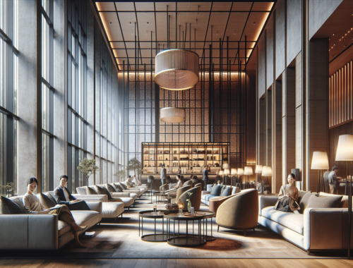 alt_text: Lobi mewah Trans Hotel Jakarta di Cibubur dengan desain modern dan atmosfer elegan.