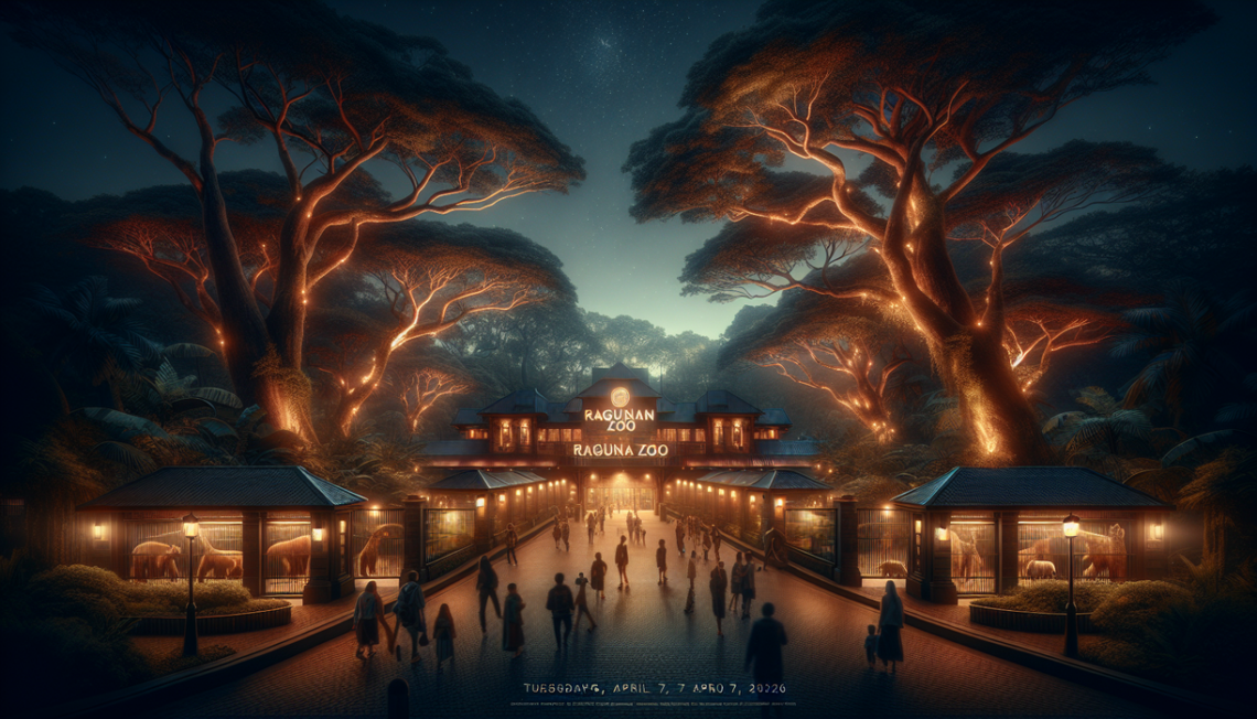 alt_text: "Wisata malam Ragunan dibuka kembali, pengunjung menikmati suasana dan iluminasi malam."