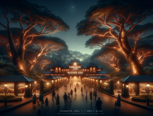 alt_text: "Wisata malam Ragunan dibuka kembali, pengunjung menikmati suasana dan iluminasi malam."