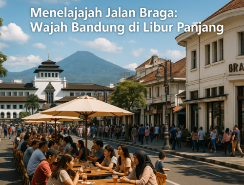 alt_text: Jalan Braga Bandung dipadati wisatawan saat libur panjang, menyuguhkan suasana klasik dan modern.