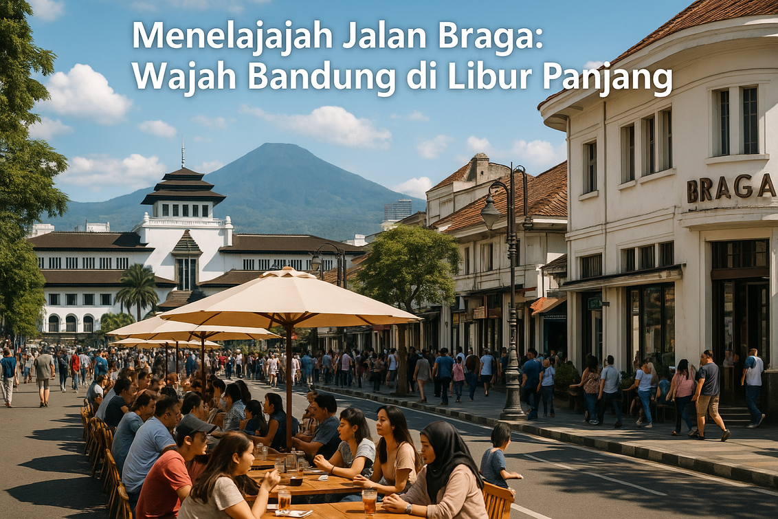 alt_text: Jalan Braga Bandung dipadati wisatawan saat libur panjang, menyuguhkan suasana klasik dan modern.