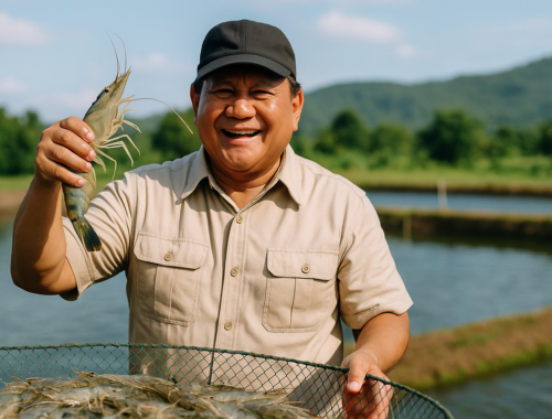 alt_text: Prabowo berpartisipasi dalam panen raya udang di tambak rakyat bersama penduduk lokal.