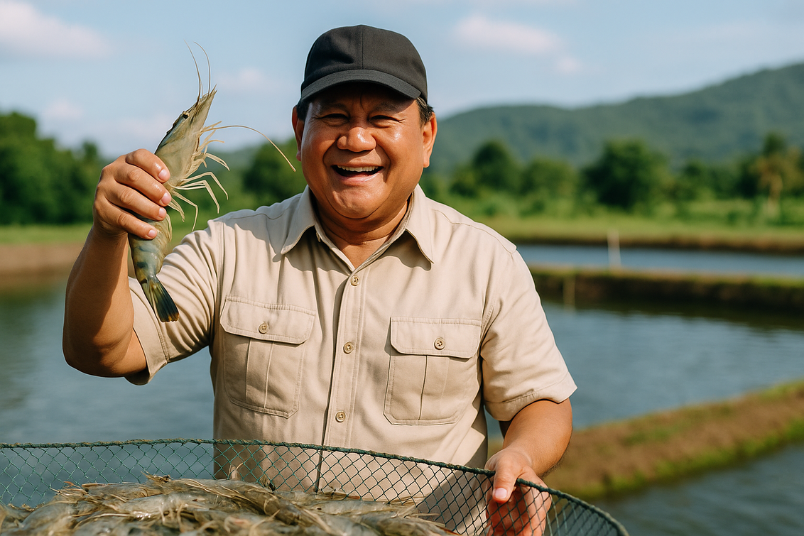 alt_text: Prabowo berpartisipasi dalam panen raya udang di tambak rakyat bersama penduduk lokal.