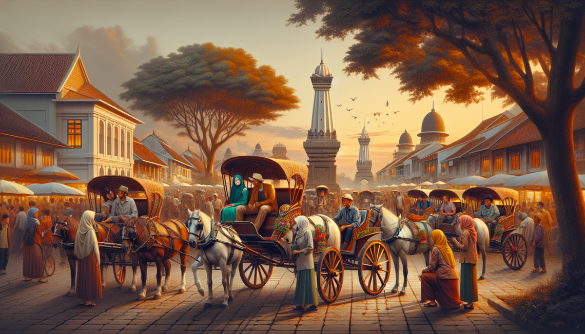 "alt_text": "Becak dan andong di Senopati untuk promosi wisata digital dan daya tarik turis baru."
