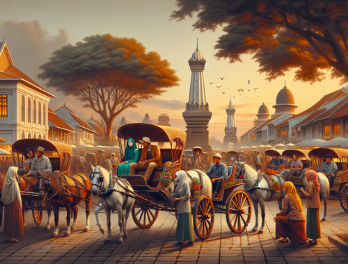 "alt_text": "Becak dan andong di Senopati untuk promosi wisata digital dan daya tarik turis baru."