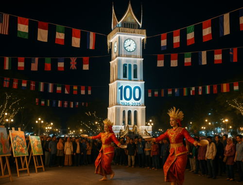 alt_text: Jam Gadang berusia 100 tahun, simbol budaya Minang bersinar di kancah internasional.