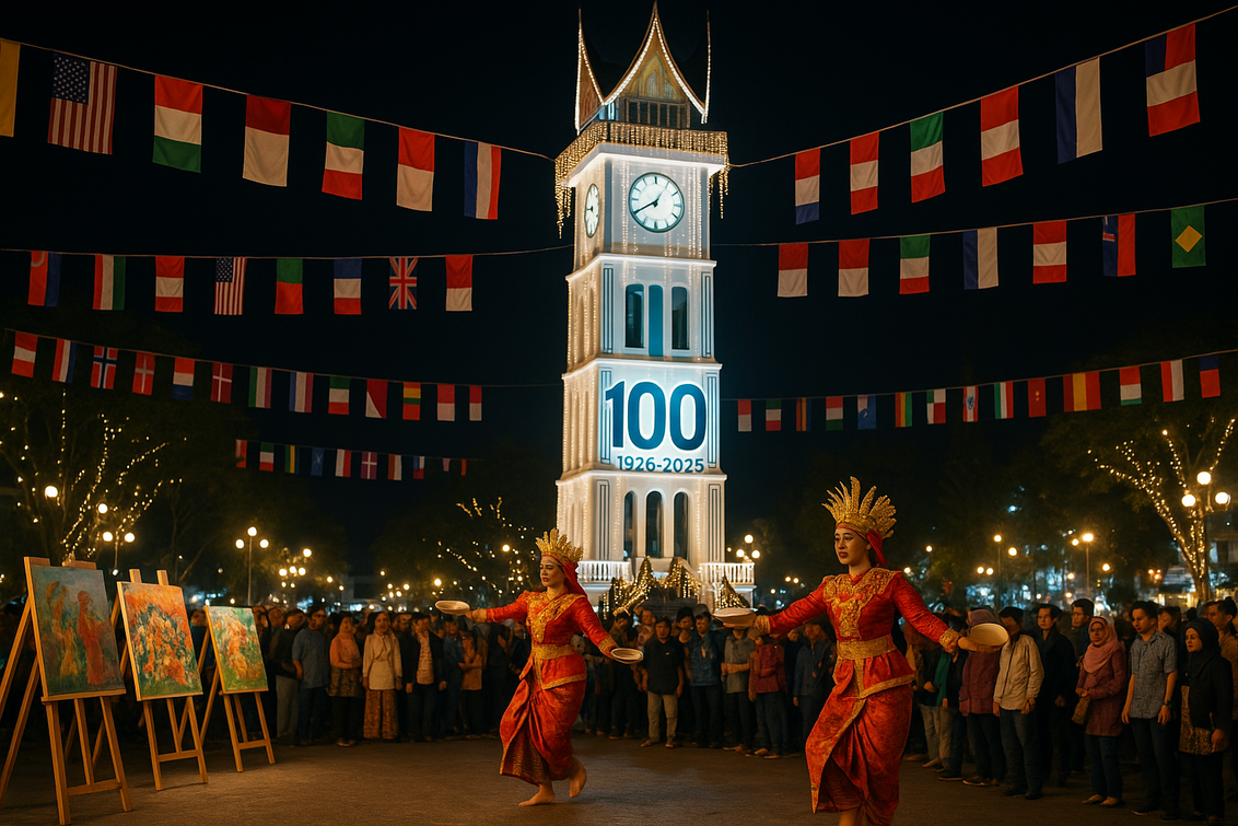 alt_text: Jam Gadang berusia 100 tahun, simbol budaya Minang bersinar di kancah internasional.