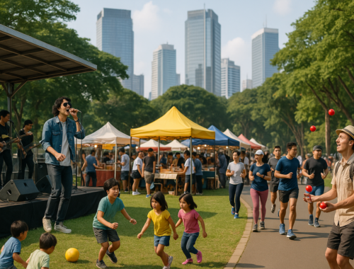 alt_text: Orang-orang bersantai di taman Senayan saat akhir pekan, menikmati suasana hijau Jakarta.