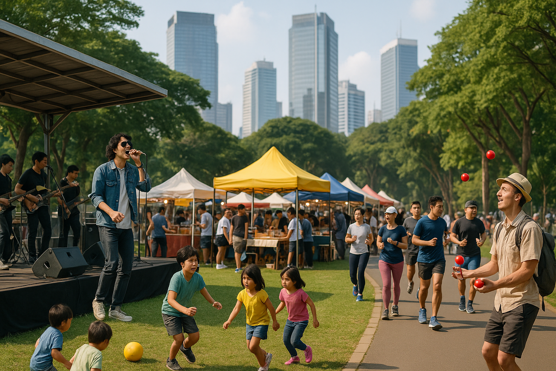 alt_text: Orang-orang bersantai di taman Senayan saat akhir pekan, menikmati suasana hijau Jakarta.
