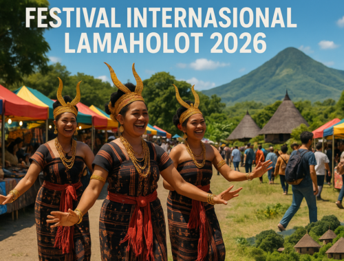 alt_text: Panggung megah Festival Internasional Lamaholot 2026, dengan penari tradisional di depan hiasan khas.