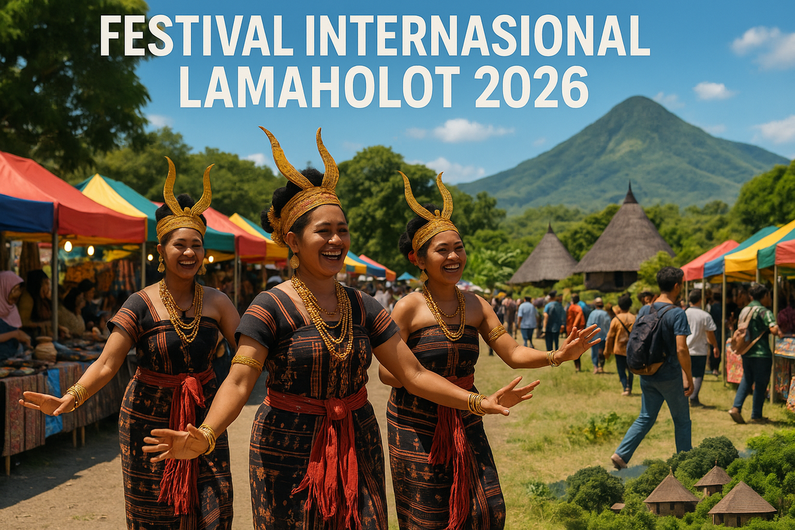 alt_text: Panggung megah Festival Internasional Lamaholot 2026, dengan penari tradisional di depan hiasan khas.