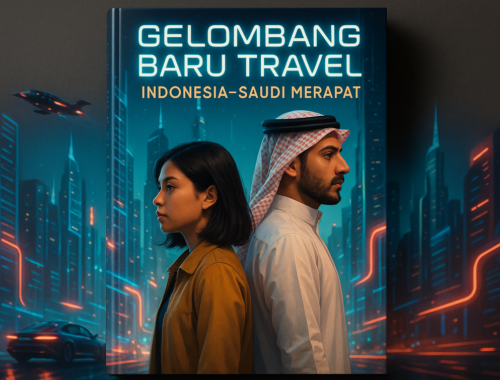 alt_text: Logo "Gelombang Baru Travel" dengan dua peta: Indonesia dan Saudi, dihubungkan oleh jalur.