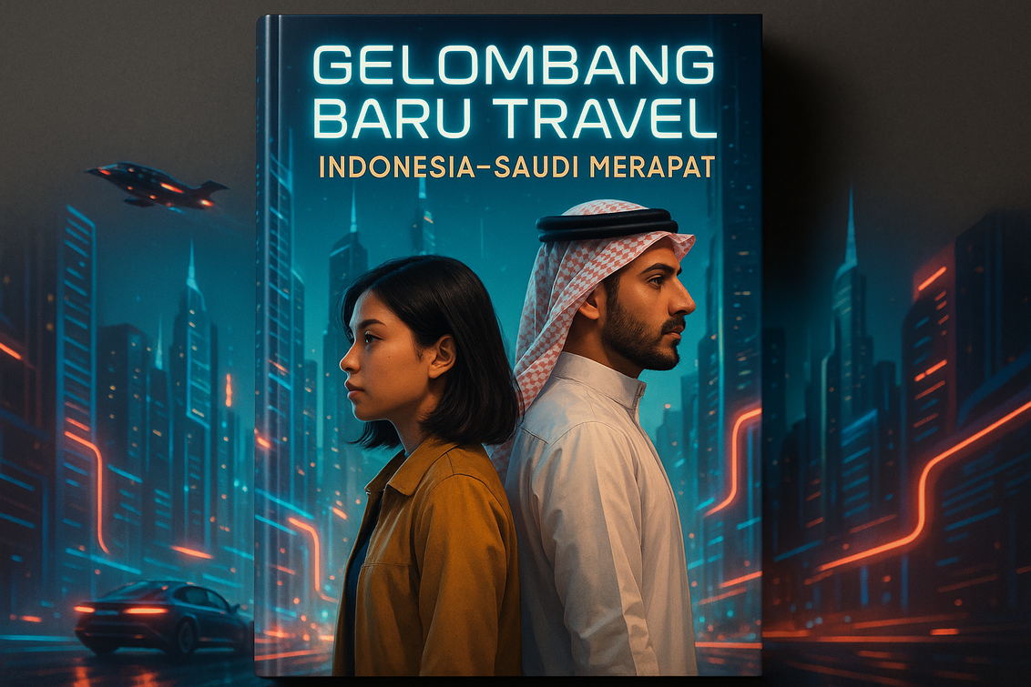 alt_text: Logo "Gelombang Baru Travel" dengan dua peta: Indonesia dan Saudi, dihubungkan oleh jalur.
