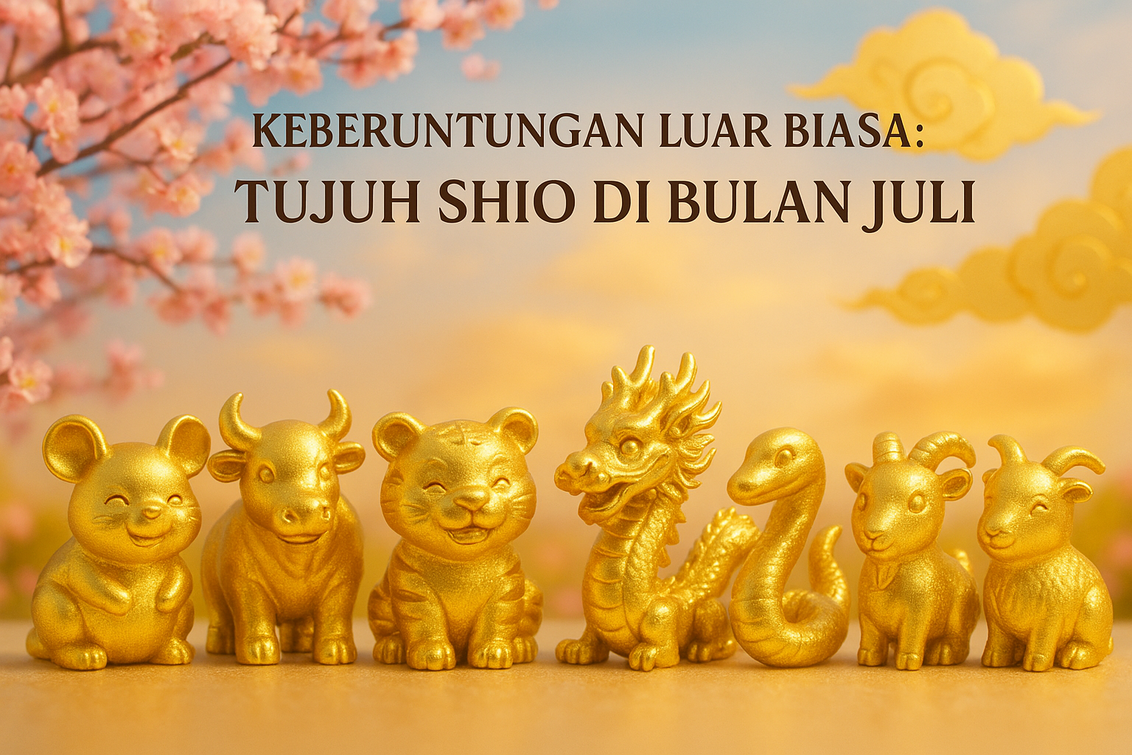 alt_text: Konten keberuntungan Juli untuk 7 shio paling berkilau dengan simbol dan elemen keberuntungan.