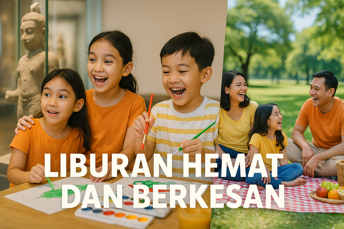 alt_text: Keluarga Jakarta berlibur hemat dengan piknik di taman kota, menikmati alam saat liburan sekolah.