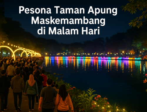 alt_text: "Pesona malam Lumiland Maskemambang dengan lampu warna-warni di taman wisata Purwokerto."