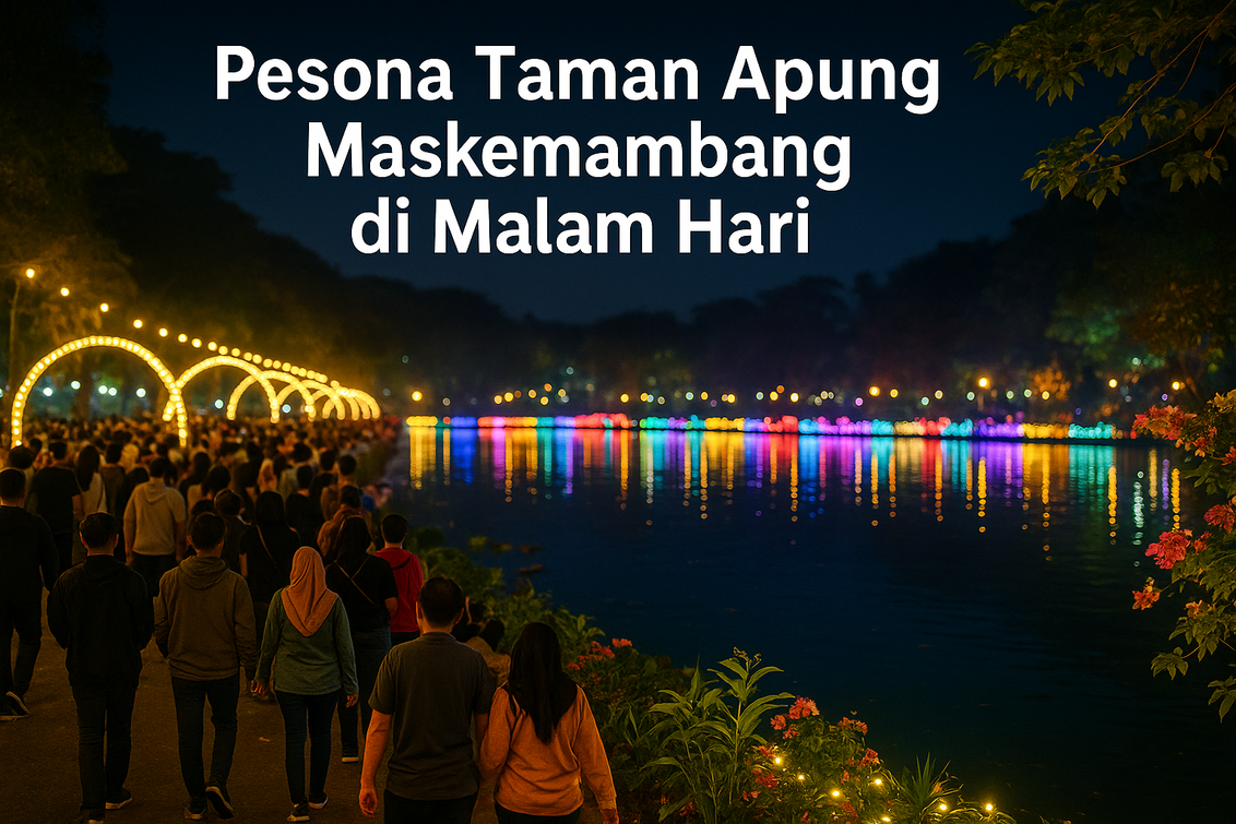 alt_text: "Pesona malam Lumiland Maskemambang dengan lampu warna-warni di taman wisata Purwokerto."