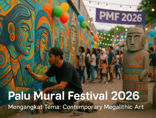 alt_text: Mural berwarna-warni di tembok kota, menampilkan jejak megalit Palu, festival 2026.