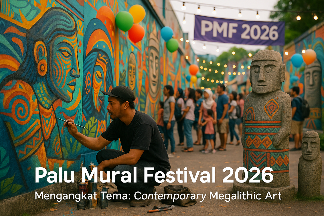 alt_text: Mural berwarna-warni di tembok kota, menampilkan jejak megalit Palu, festival 2026.
