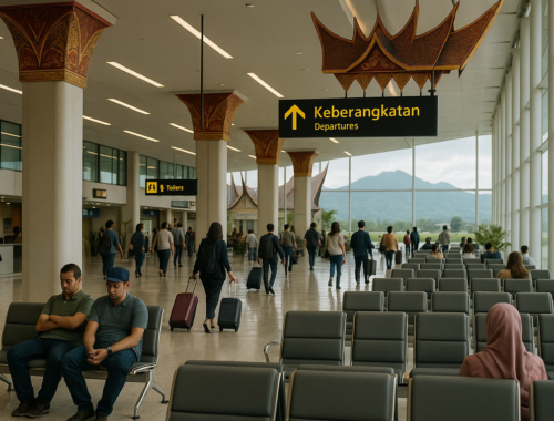 alt_text: Terminal di Sumbar bergaya arsitektur Minangkabau modern, ramai oleh wisatawan.