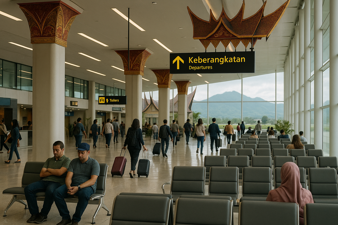 alt_text: Terminal di Sumbar bergaya arsitektur Minangkabau modern, ramai oleh wisatawan.