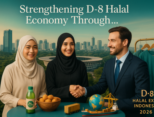 alt_text: "Gambar tentang Ekonomi Halal D-8, fokus pada peluang besar dan tantangan logistik."