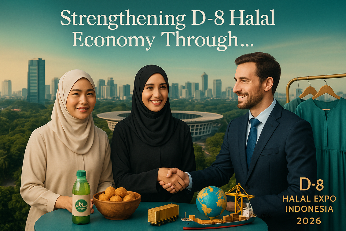 alt_text: "Gambar tentang Ekonomi Halal D-8, fokus pada peluang besar dan tantangan logistik."