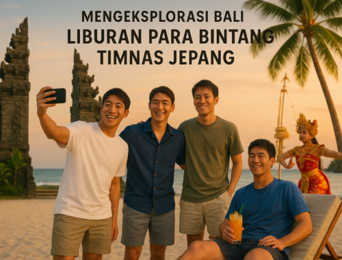 alt_text: Pantai Bali dengan matahari terbenam, samurai biru duduk menikmati ketenangan.