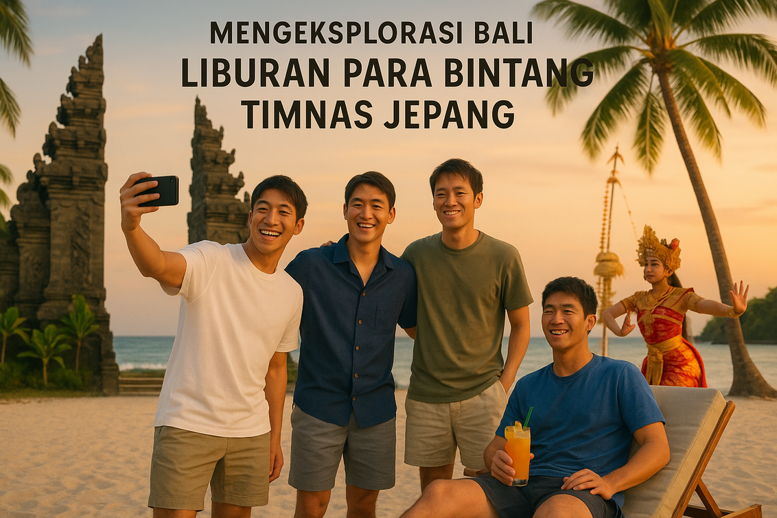 alt_text: Pantai Bali dengan matahari terbenam, samurai biru duduk menikmati ketenangan.