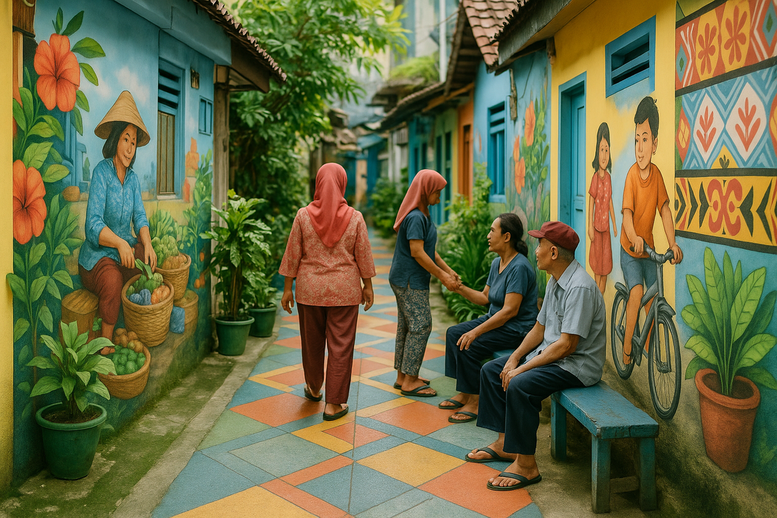 Gang Mampang kini penuh warna dengan mural yang menceritakan kehidupan sehari-hari.